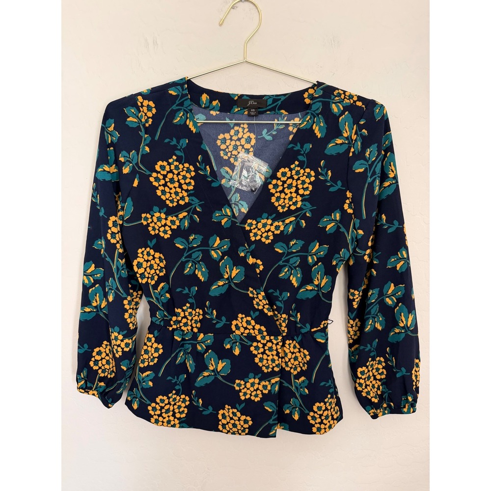 J.Crew Womens XS Navy Blue Floral Faux Wrap Peplum Top Cottagecore Boho Long Slv